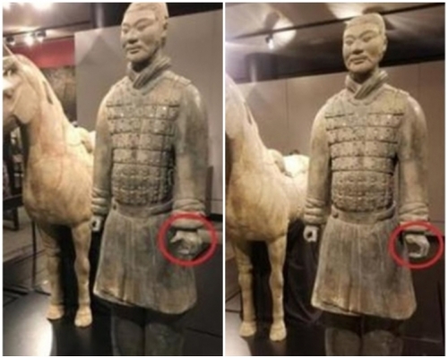 一個兵俑意外被一名美國青年折斷和偷走一根「手指」。資料圖片