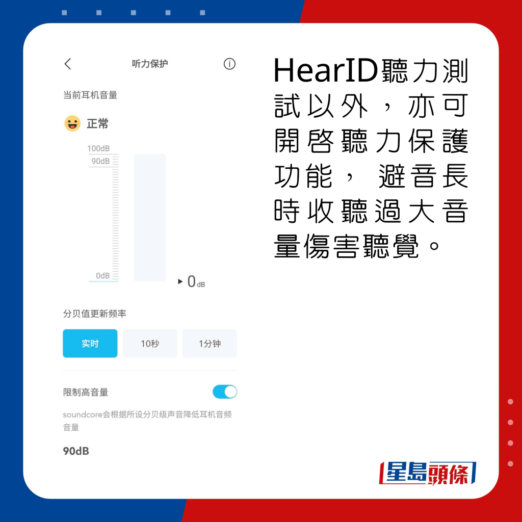 HearID听力测试以外，亦可开启听力保护功能， 避音长时收听过大音量伤害听觉。