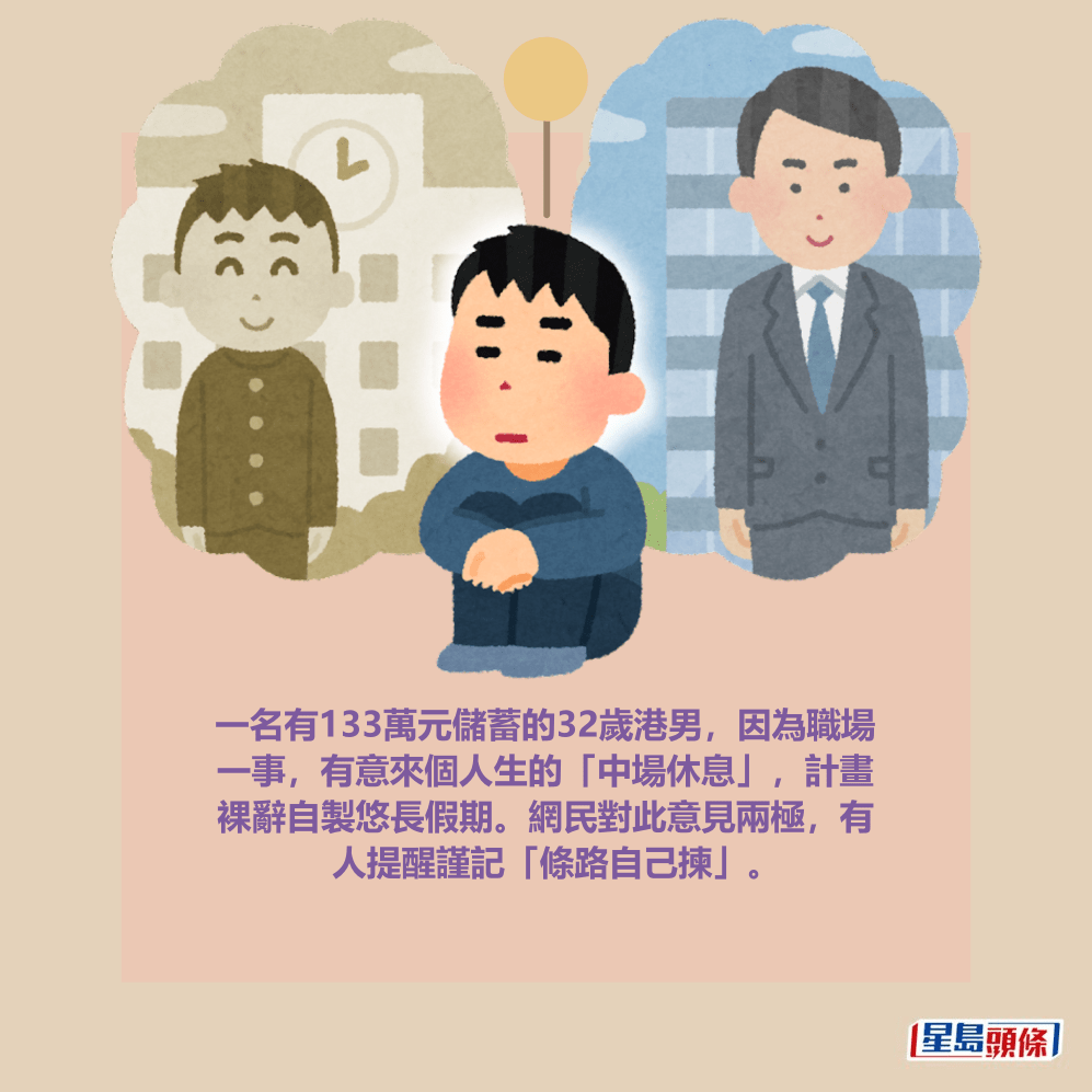 一名有133萬元儲蓄的32歲港男,因為職場 一事,有意來個人生的「中場休息」,計畫 裸辭自製悠長假期。網民對此意見兩極,有 人提醒謹記「條路自己揀」。 一名有133萬元儲蓄的32歲港男,因為職場 一事,有意來個人生的「中場休息」,計畫 裸辭自製悠長假期。網民對此意見兩極,有 人提醒謹記「條路自己揀」。