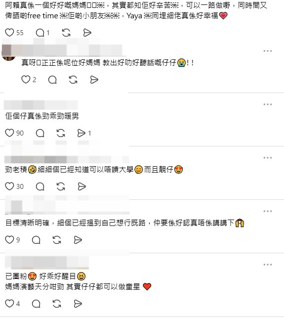 網民留言大讚賴慰玲母子。 網民留言大讚賴慰玲母子。