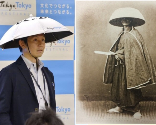 東京上周五在記者會上，公布正在試製「太陽傘帽」派發，網民表示像古代武士的「三度笠」。（網圖）