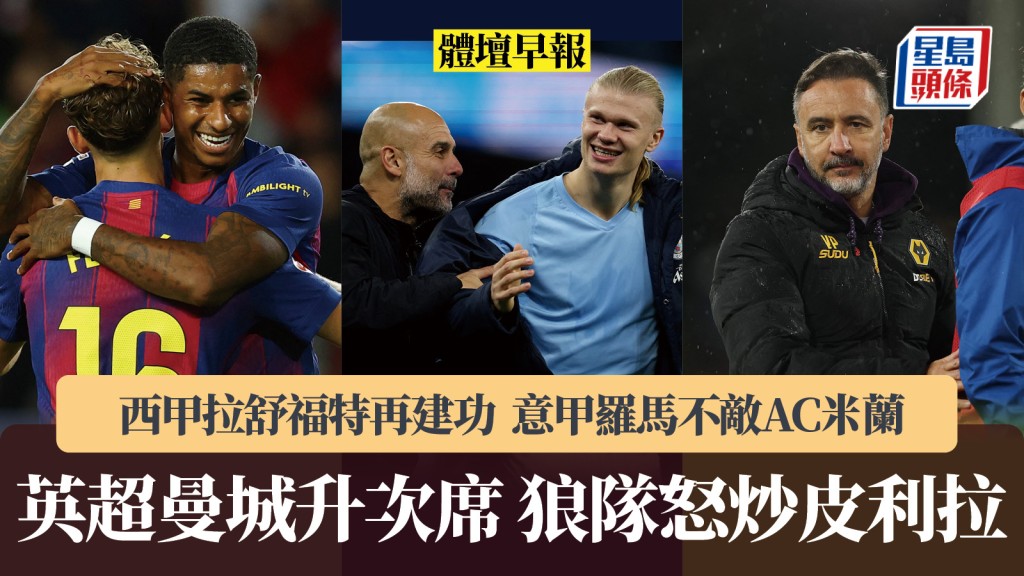 體壇早報｜英超曼城升次席 狼隊怒炒皮利拉 西甲拉舒福特再建功。路透社