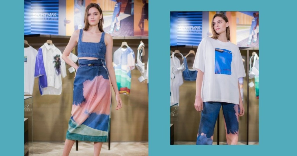 左/緊身牛仔吊帶上衣/$2,480、印花圖案牛仔半截裙/$5,980。右/Photo Print鬆身T恤/$2,380、印花圖案牛仔闊長褲/$6,580。