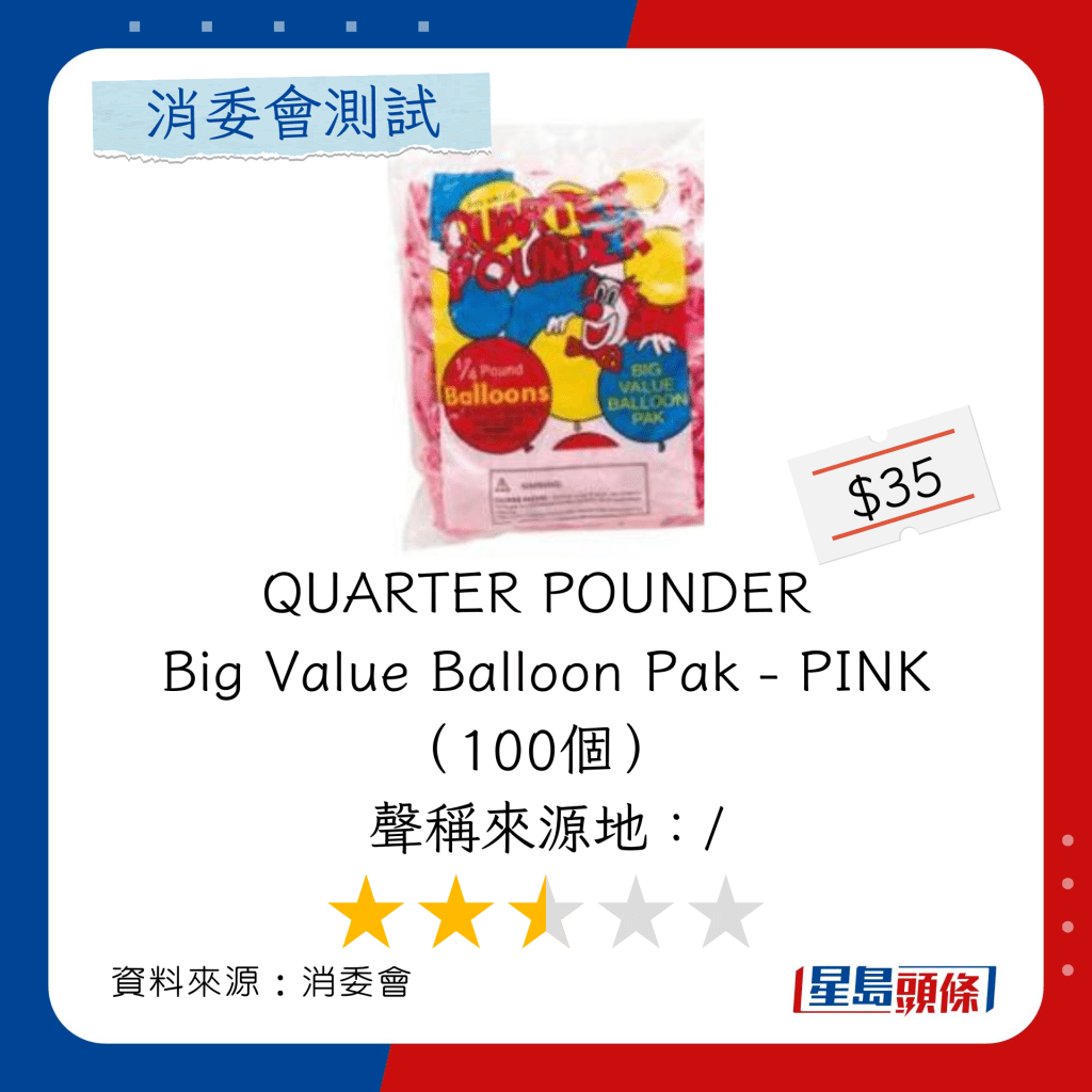 消委会乳胶气球推介｜总评分2.5星：QUARTER POUNDER Big Value Balloon Pak - PINK （100个） 