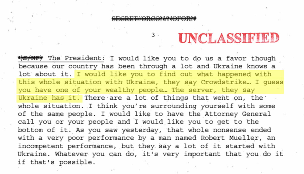 特朗普在任期間，被揭與烏克蘭總統澤連斯基通話期間，希望對方調查Crowdstrike引發的政治紛爭。