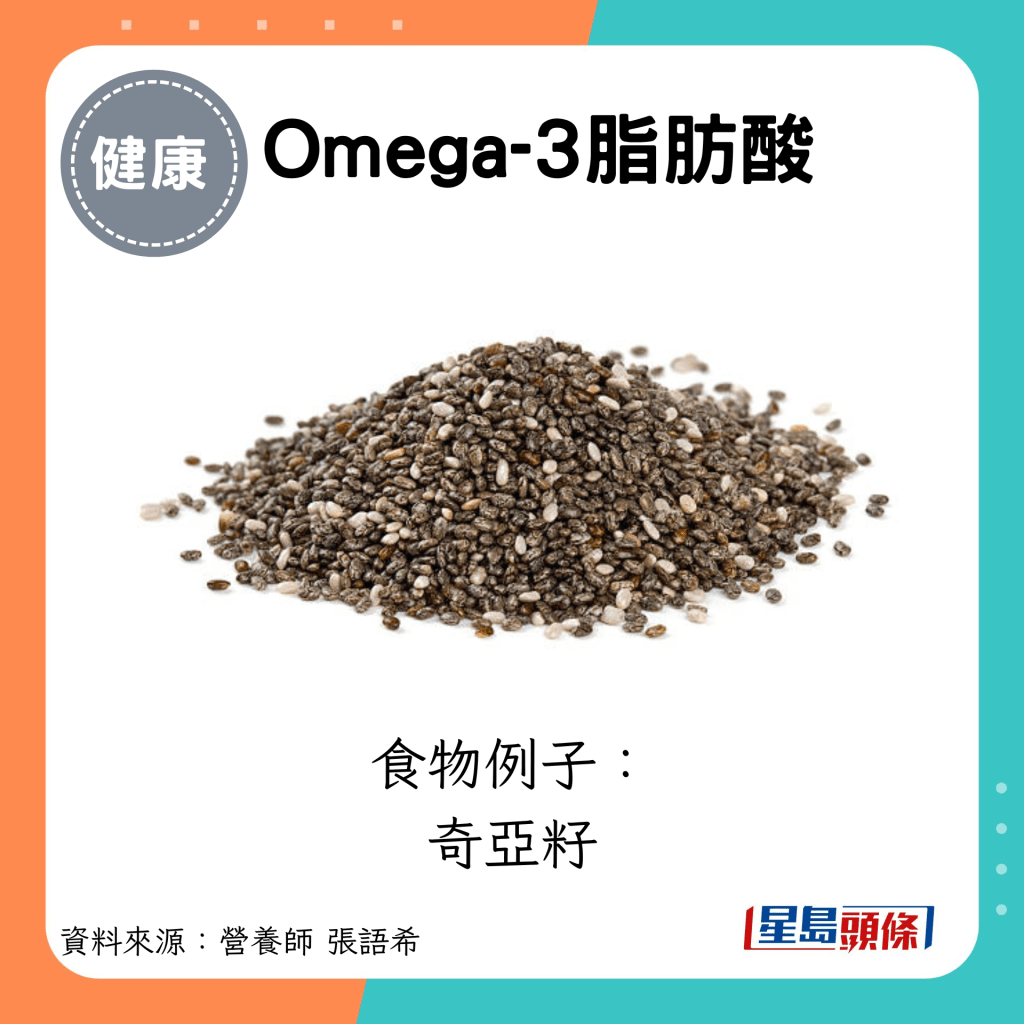 Omega-3脂肪酸：食物例子： 奇亚籽