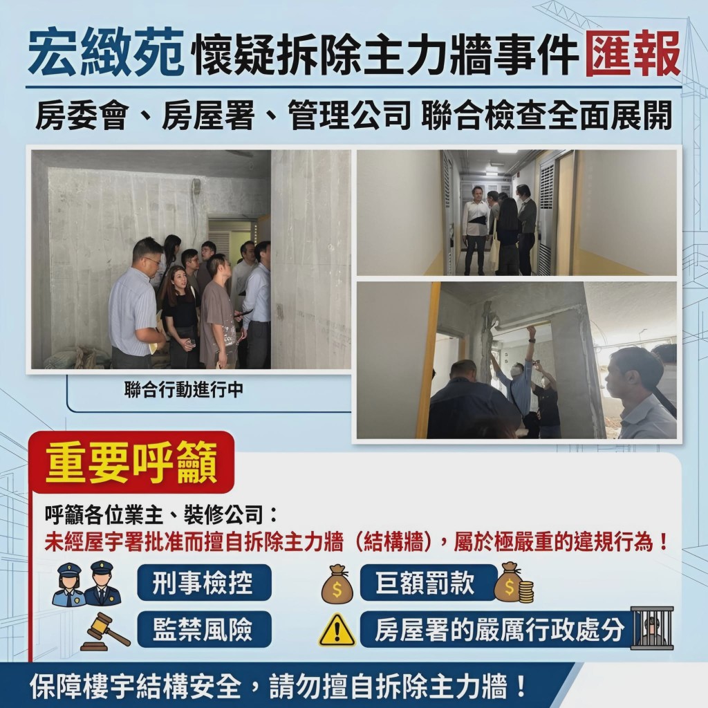 社交專頁「宏緻苑」更新宏緻苑懷疑拆除主力牆事件。 社交專頁「宏緻苑」更新宏緻苑懷疑拆除主力牆事件。