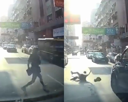 貨van元朗越線爬頭,少女過路遭撞飛。影片截圖