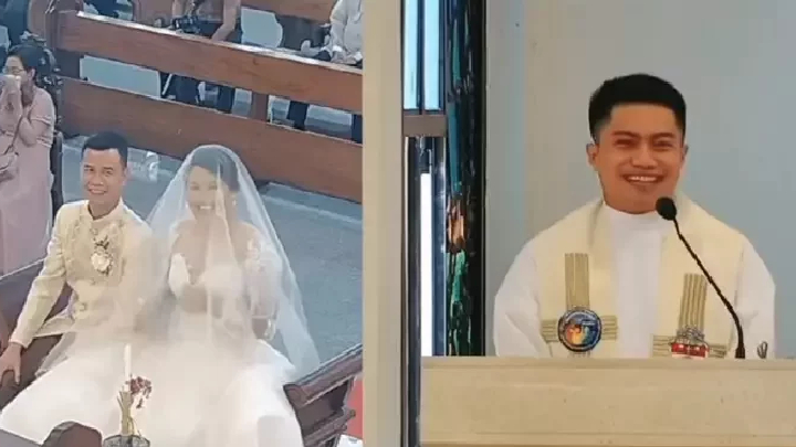 雖然一對新人都笑笑口，但其實過程中都很擔心新娘的前男友神父會說錯話。（網上圖片）