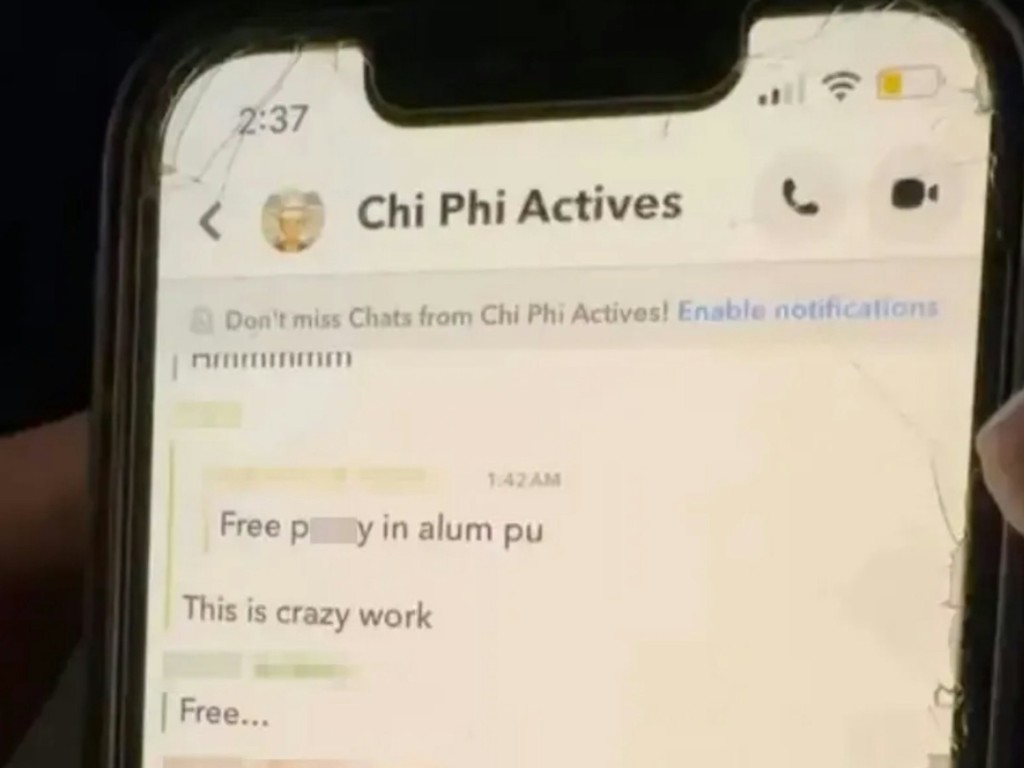 涉事「Chi Phi」兄弟會Snapchat截圖。Threads@morewithmj 涉事「Chi Phi」兄弟會Snapchat截圖。Threads@morewithmj