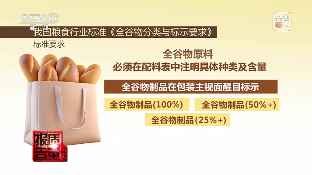 金谷物在食物标签上的标准。 央视