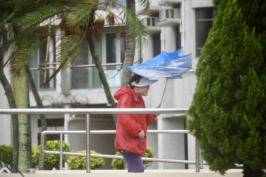 居民的雨伞被吹翻。苏正谦摄
