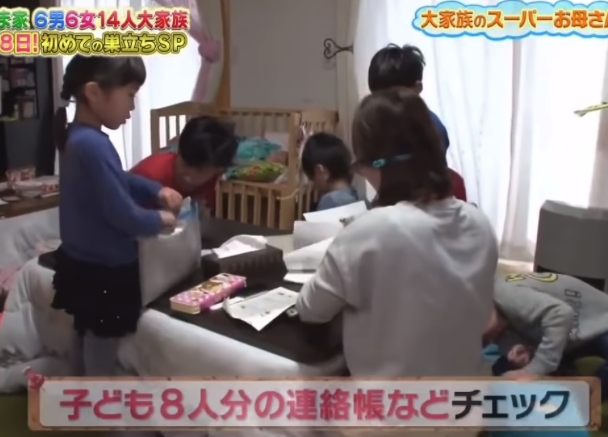 在上學前，媽媽會再次檢查8個孩子的手冊和家課。網圖