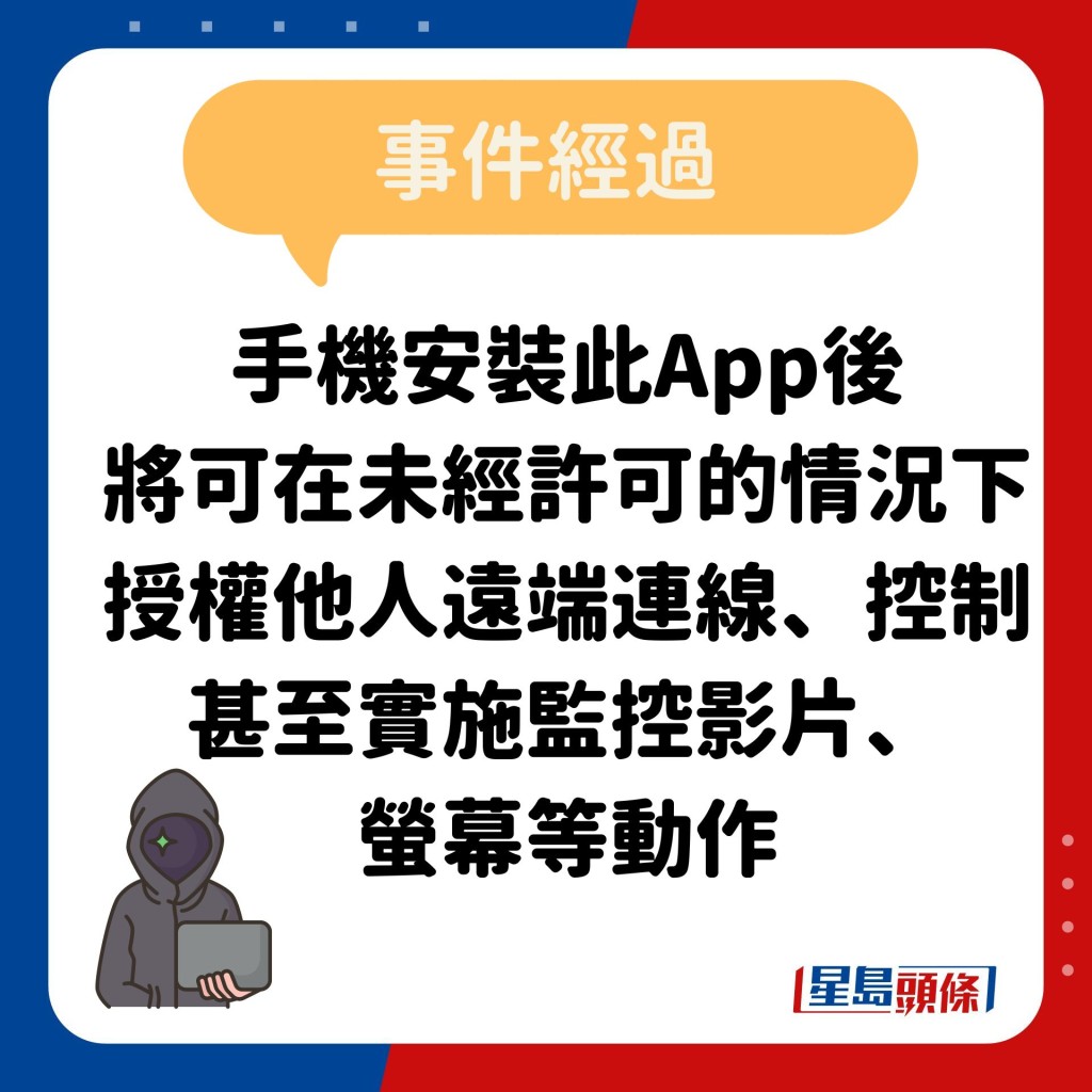 手机安装此App后 将可在未经许可的情况下 授权他人远端连线、控制 甚至实施监控影片、 萤幕等动作