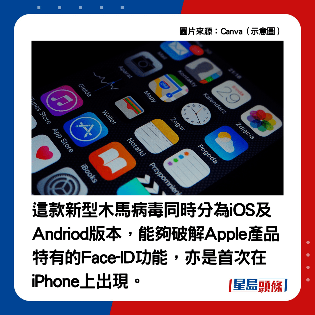 這款手機木馬病毒分為iOS及Andriod版本，能夠破解Apple產品特有的Face-ID功能，為首次在iPhone上發現。