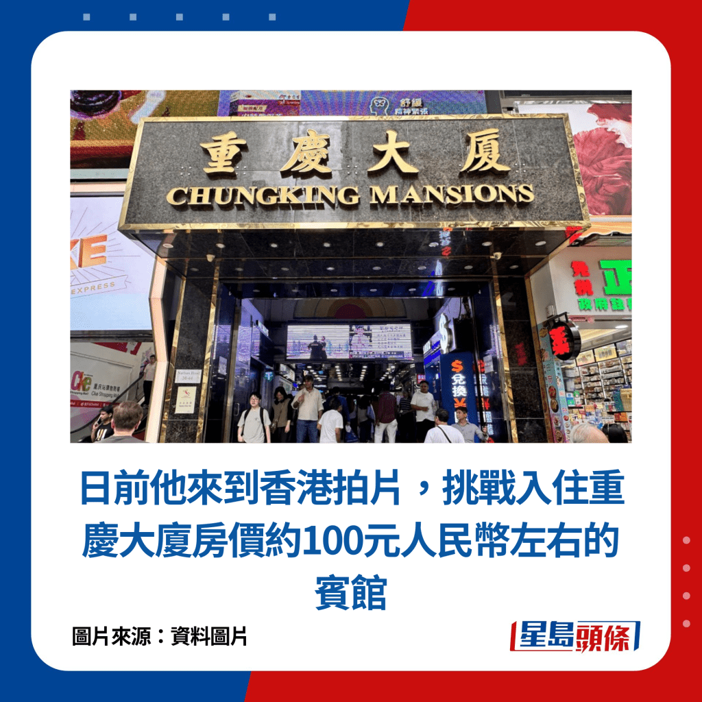 日前他來到香港拍片，挑戰入住重慶大廈房價約100元人民幣左右的賓館