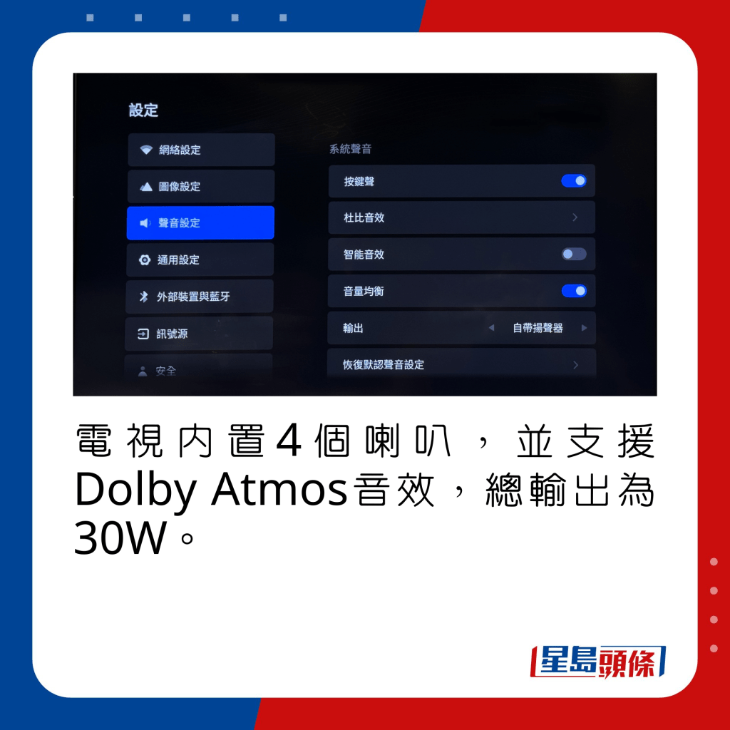 電視內置4個喇叭，並支援Dolby Atmos音效，總輸出為30W。