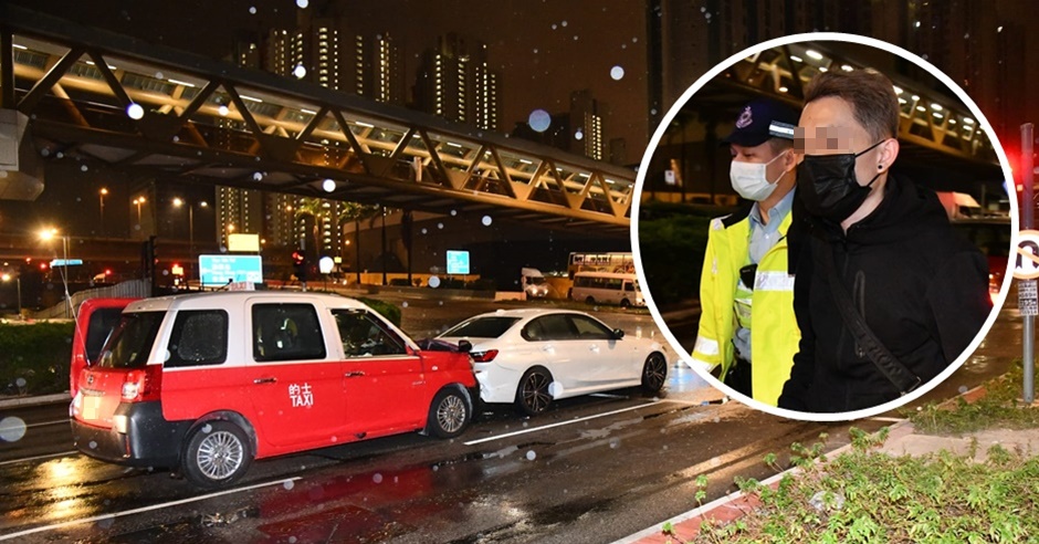 一輛的士在長沙灣深旺道及東京街西交界,撞向前方一輛停燈的寶馬私家車,的士司機(小圖)涉嫌酒駕被捕。