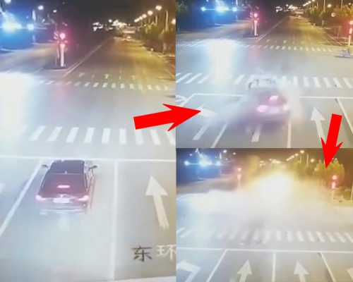一輛正等待紅燈的BMW（左）被從後方駛來的瑪莎拉蒂追尾高速撞上（右上），BMW發生爆炸被焚燒（右下）。（網圖）