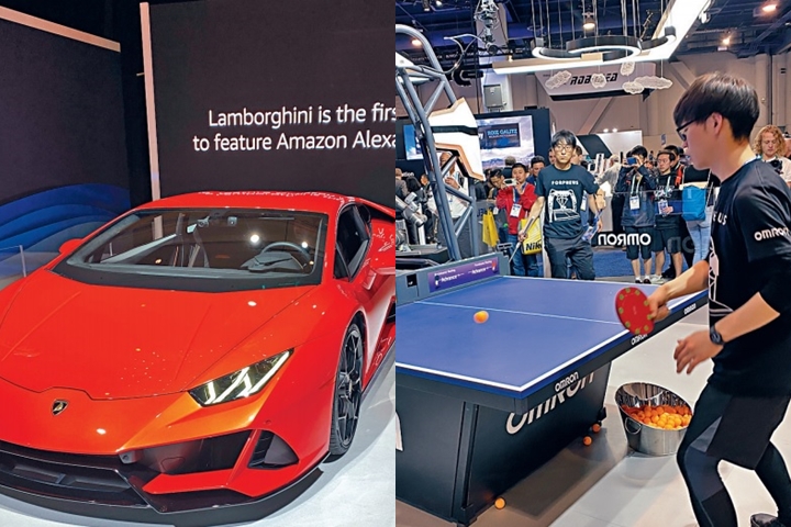 （左）CES上展出了林寶堅尼的Huracan Evo整合了 Amazon Alexa語音助手，車內可通過語音控制加暖座席。（右）日本OMRON就展出了真人和機械人打乒乓球，反應速度都媲美真實球員。