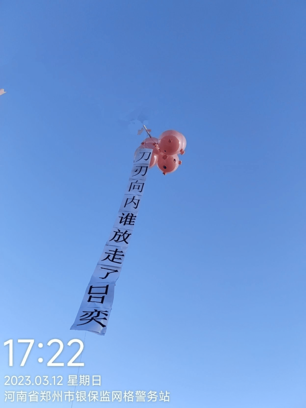 网上图片显示，河南村镇银行事件受害储户在气球上挂上抗议字句的布条。