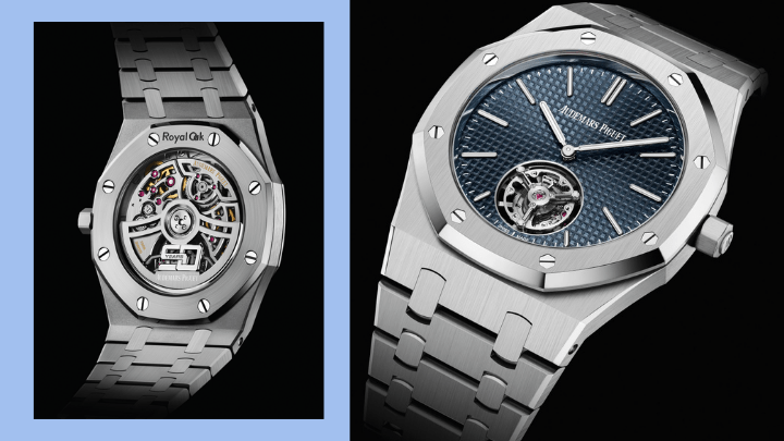 新登场的皇家橡树系列超薄飞行陀飞轮自动上链腕表RD#3，直径39毫米，精钢材质，配经防炫光处理蓝宝石水晶玻璃镜面与底盖。搭载品牌自家研创的2968 自动上链机芯，50小时动能显示，防水深度50米。