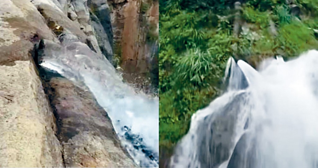 號稱「華夏第一瀑布」的雲台天瀑，頂部有水管放水。