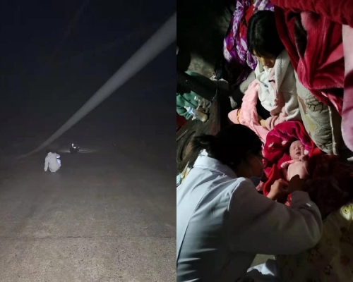 民警及醫生以滑行的方式下山，順利趕到現場為該名孕婦檢查。網圖