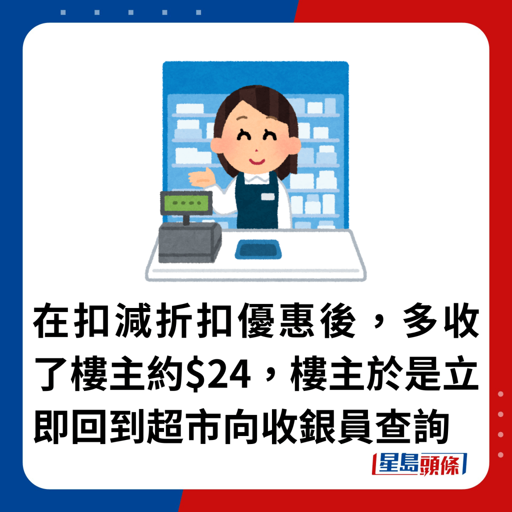 在扣减折扣优惠后，多收了楼主约$24，楼主于是立即回到超市向收银员查询