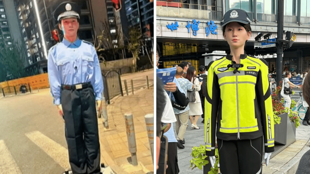 上海街頭驚現「交警機械人」， 逼真五官、夜間藍光網民直呼恐怖。