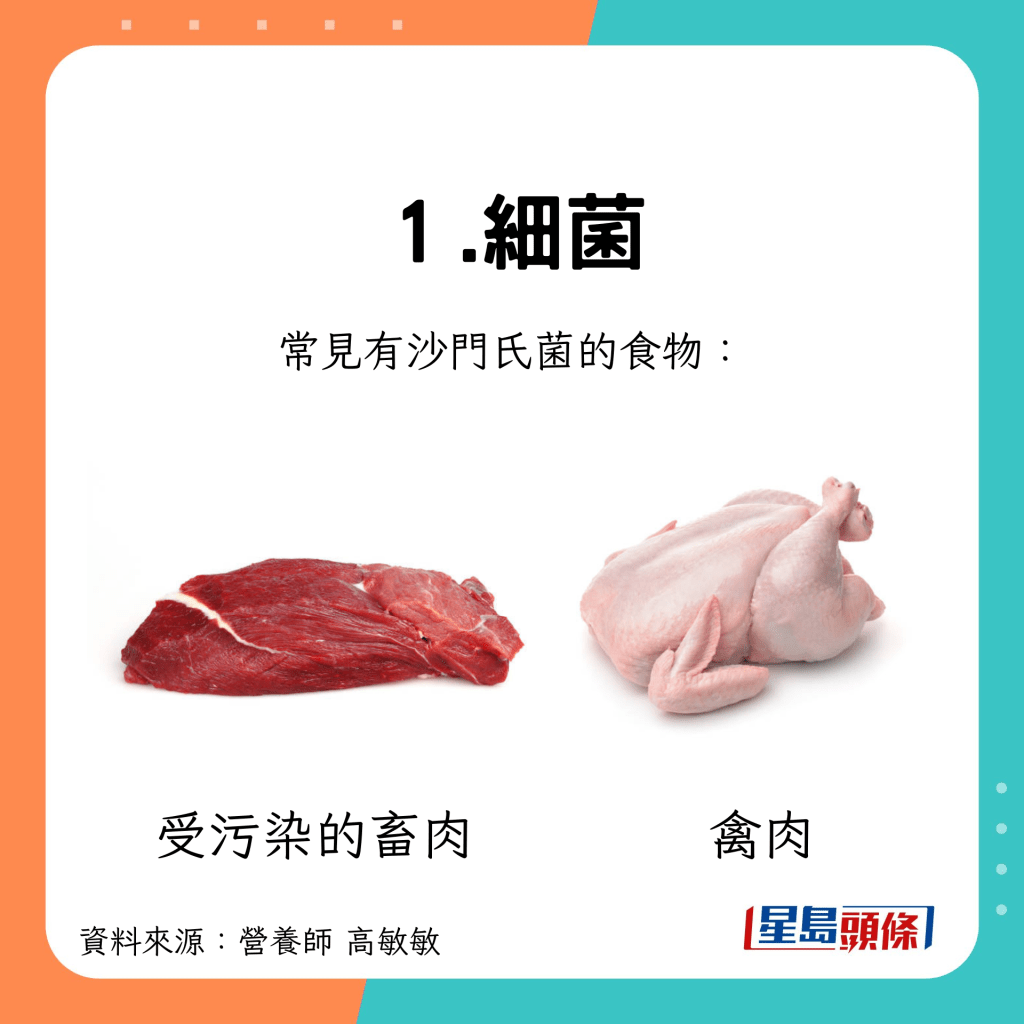 常見沙門氏菌的食物：畜肉、禽肉。
