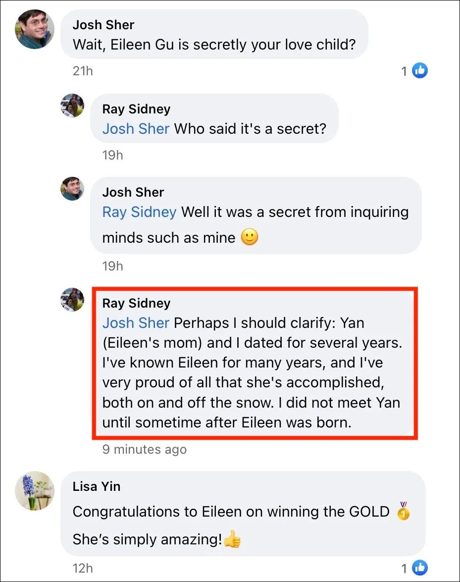 Ray Sidney在Facebook留言澄清自己與谷愛凌母女的關係。互聯網圖片