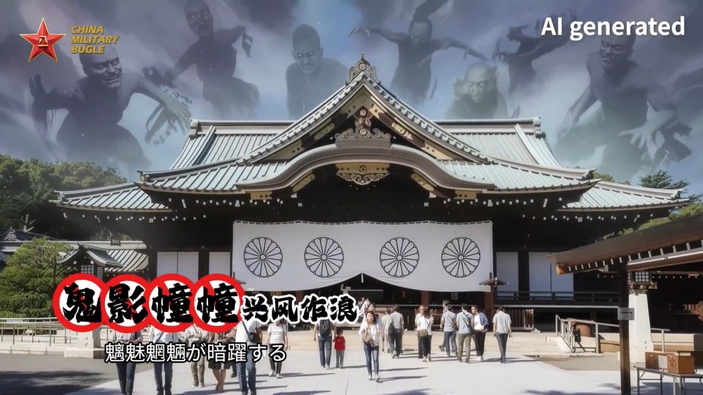 帖文更用人工智能（AI）生成一段MV，畫面出現多個日本軍國主義場面在文體領域出現。