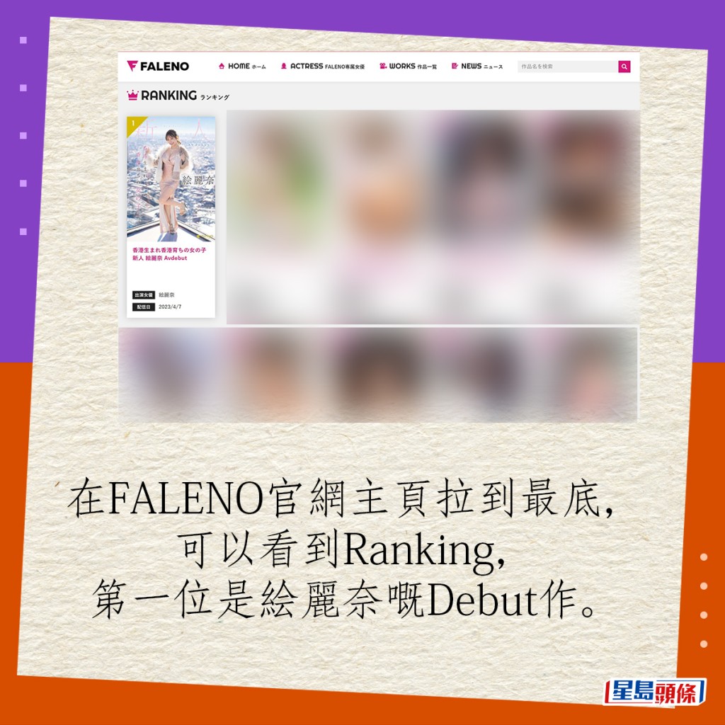 在FALENO官網主頁拉到最底，可以看到Ranking，第一位是絵麗奈嘅Debut作。