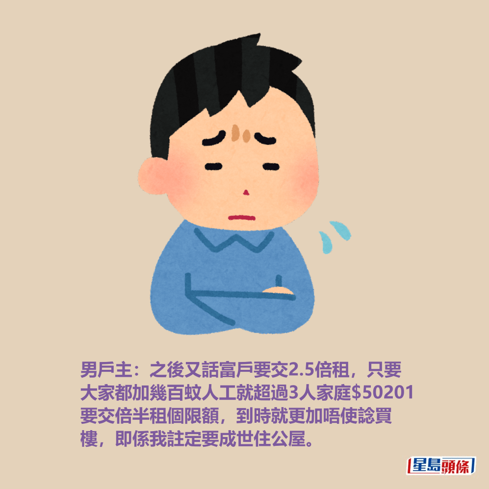 男戶主:之後又話富戶要交2.5倍租,只要 大家都加幾百蚊人工就超過3人家庭$50201 要交倍半租個限額,到時就更加唔使諗買 樓,即係我註定要成世住公屋。 男戶主:之後又話富戶要交2.5倍租,只要 大家都加幾百蚊人工就超過3人家庭$50201 要交倍半租個限額,到時就更加唔使諗買 樓,即係我註定要成世住公屋。