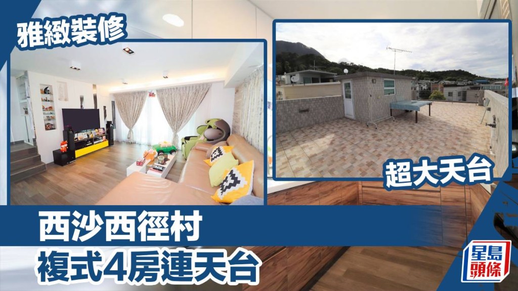 西沙路西徑村複式連天台放盤,建築面積1400方呎,最新叫價1,150萬。