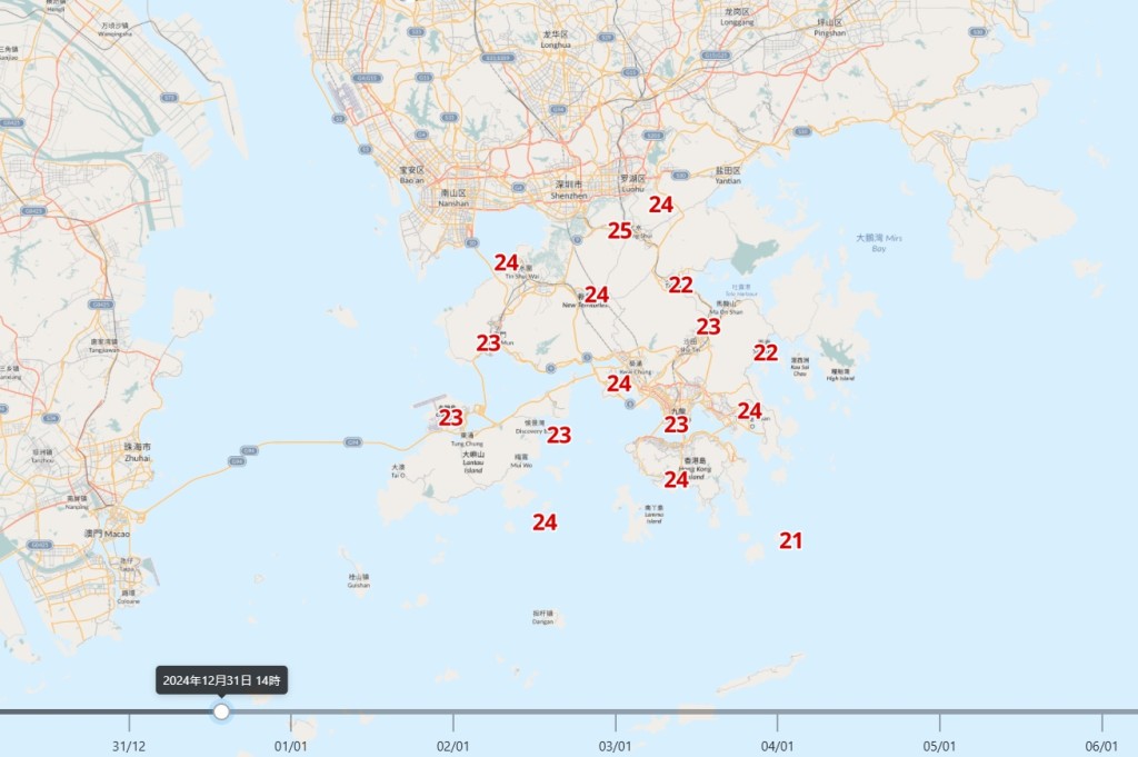 「自動分區天氣預報」顯示，除夕下午多區氣溫會上升至24度以上，其中上水更會高達25度。