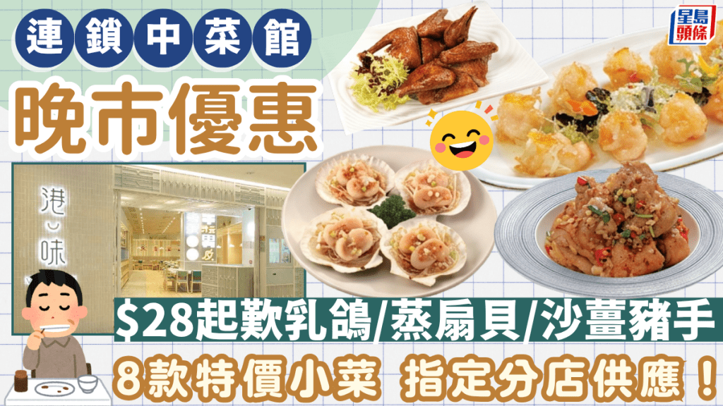 海港旗下中菜館晚市$28起！乳鴿/蒸扇貝/沙薑豬手 8款特價小菜 指定分店供應