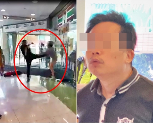 屯門一名大叔不滿被叫戴口罩,起飛腳打人。
FB群組「屯門牛」Krista Wu影片截圖。