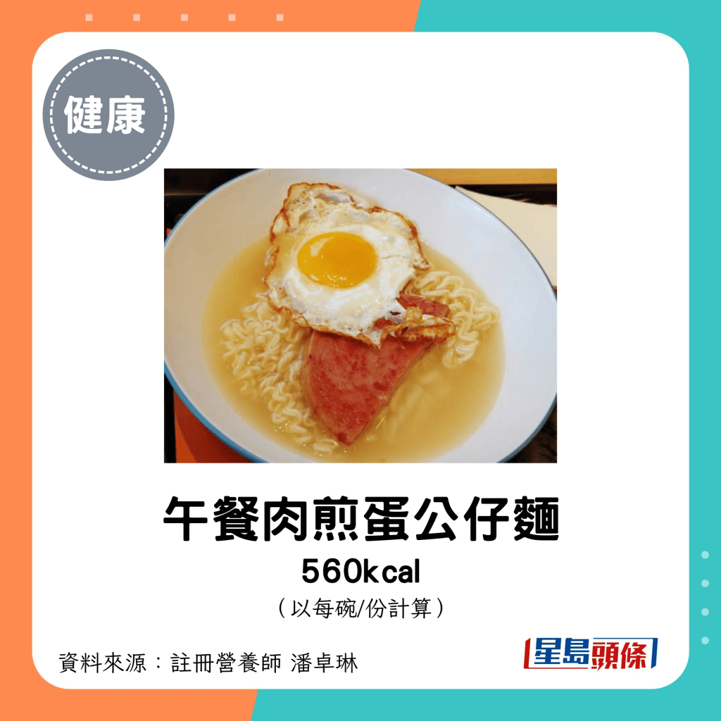 午餐肉煎蛋公仔麵 560kcal（每碗）