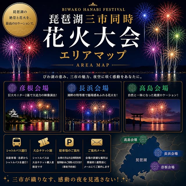 宣傳圖標示三市觀賞位置,但琵琶湖的形狀與實際不同。 官方IG 宣傳圖標示三市觀賞位置,但琵琶湖的形狀與實際不同。 官方IG