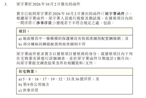 建灝地產今日更新項目樓書,並披露於10月2日收到屋宇署通知,除調查涉事洋房及提交報告外,另要求對額外8幢洋房進行調查。 建灝地產今日更新項目樓書,並披露於10月2日收到屋宇署通知,除調查涉事洋房及提交報告外,另要求對額外8幢洋房進行調查。