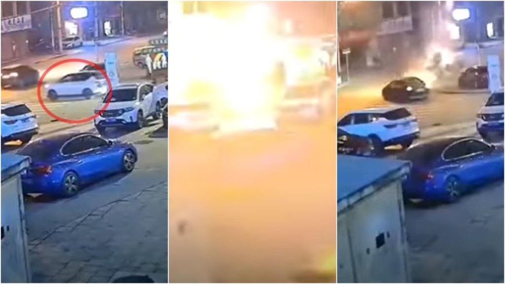 湖南私家車行駛中突爆炸，車上疑藏易爆物品釀禍。網片截圖