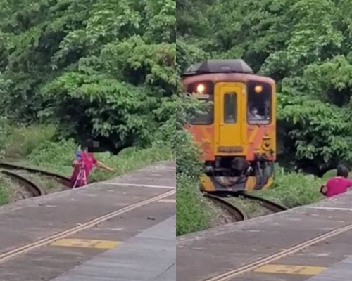 該名婦人擅闖台鐵路軌自拍,險被列車撞到。網圖