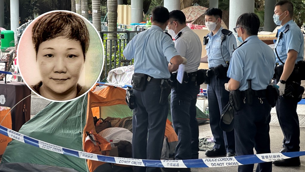 女露宿者伏屍帳篷內,圓圖為死者王珞思。梁國峰攝