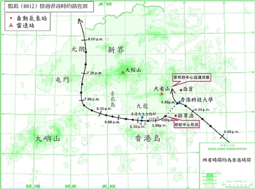 鹦鹉横过香港时的路径图。天文台