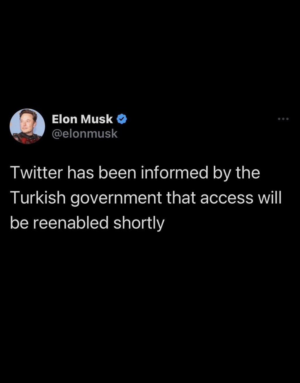 马斯克推文指已获土耳其政府通知，将很恢复Twitter服务。