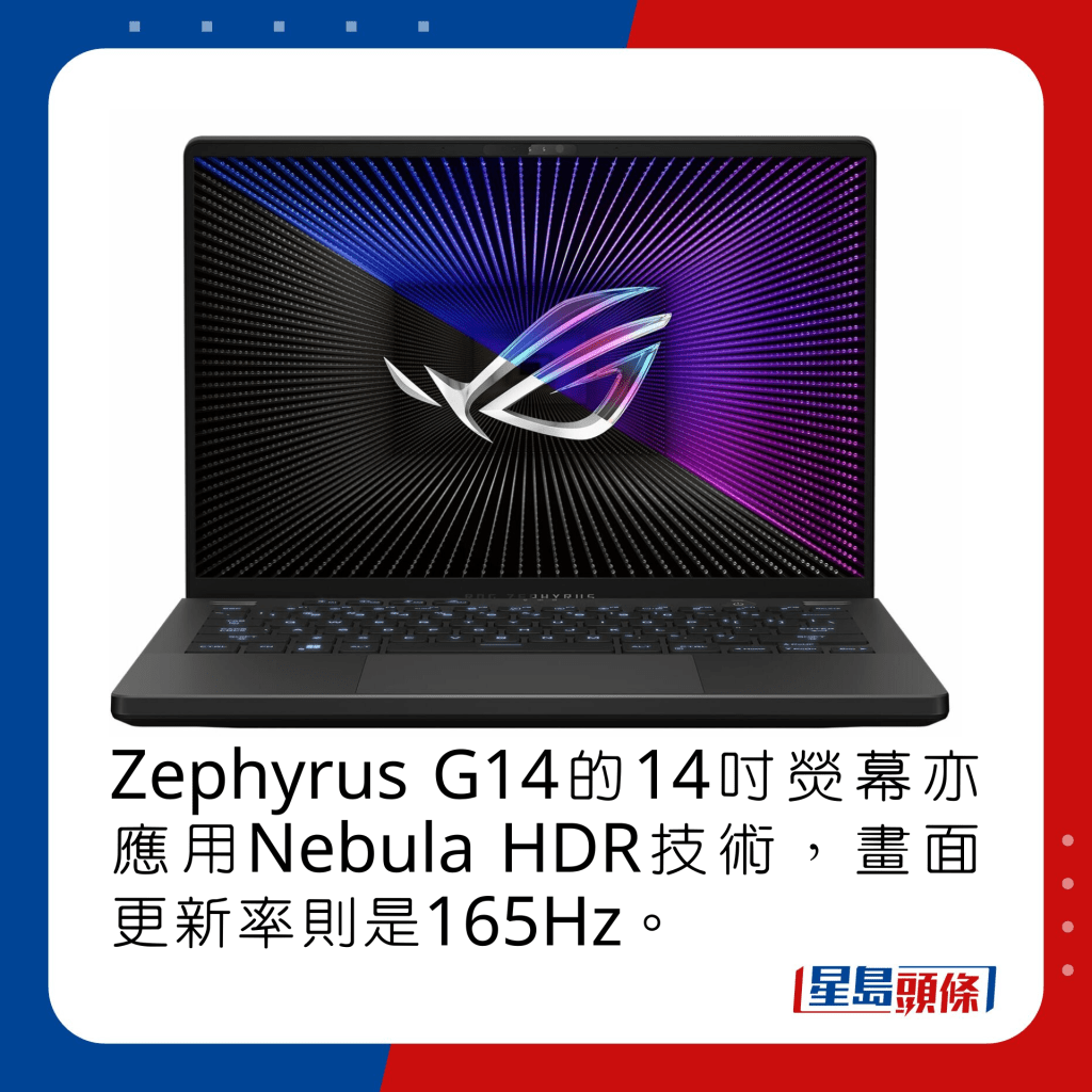 Zephyrus G14的14寸荧幕亦应用Nebula HDR技术，画面更新率则是165Hz。