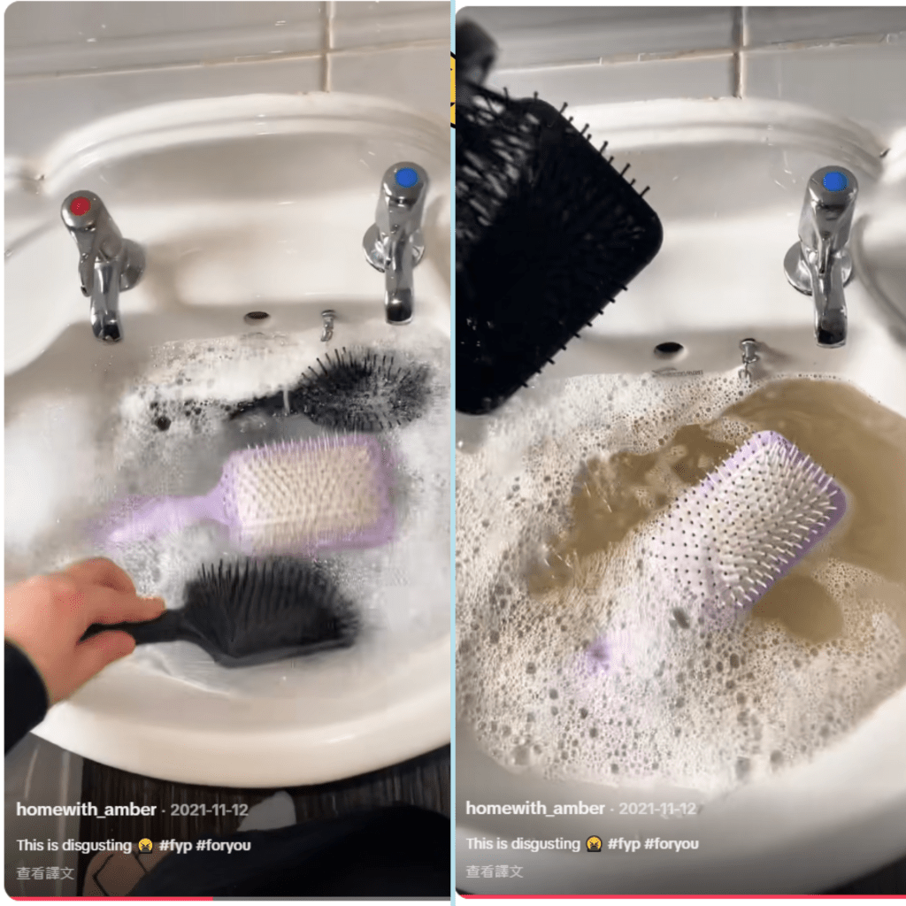Tiktok女網紅「homewith_amber」實測將平日使用的梳子浸泡在加了洗頭水的熱水中,1個小時後,水竟然變得非常混濁、呈啡黃色。 Tiktok女網紅「homewith_amber」實測將平日使用的梳子浸泡在加了洗頭水的熱水中,1個小時後,水竟然變得非常混濁、呈啡黃色。