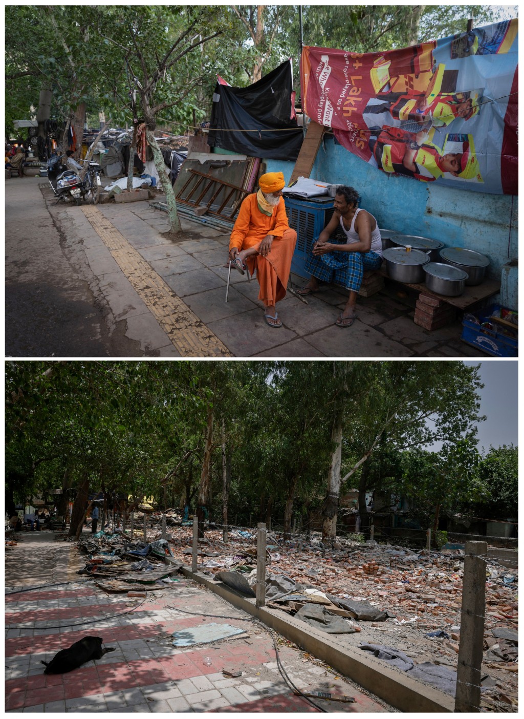新德里一处被拆除的贫民窟清拆前后对比。 路透社